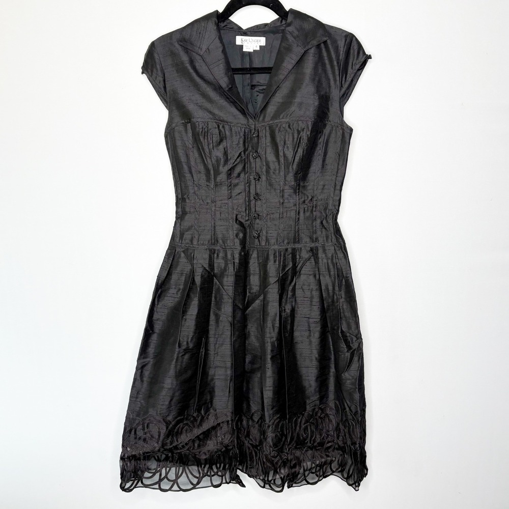 Kay Unger New York Black Silk Cap Sleeve Pin Tuck Cocktail Dress Size 4